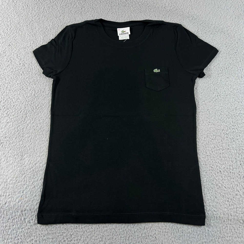 Lacoste Pocket T-Shirt Women US Size L (EU/10) Black Embroidered Logo Cotton NWT